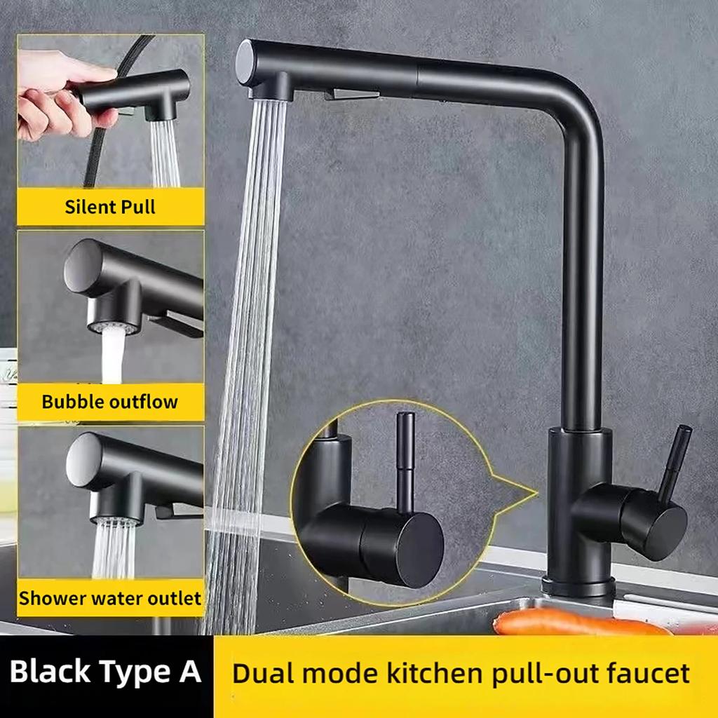 Black Pull Out Kitchen Sink Faucet Flexible 2 Modes Stream & Sprayer Nozzle Faucets Stainless Steel Hot Cold Wate Mixer Tap Deck