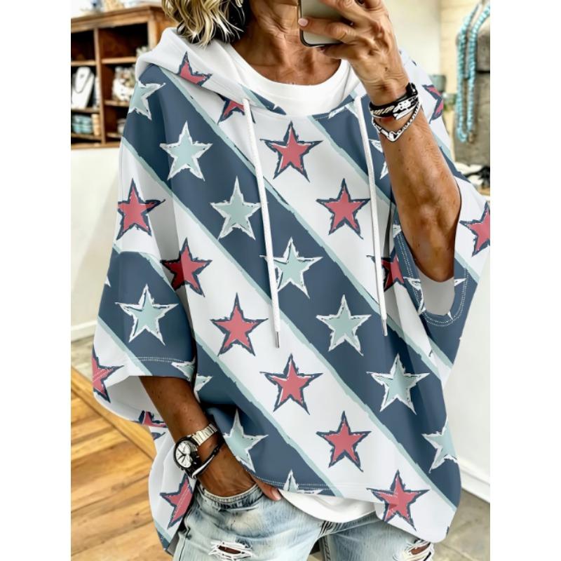 Plus size women's hooded top, black retro moon star print, loose dropped sleeves, hoodie