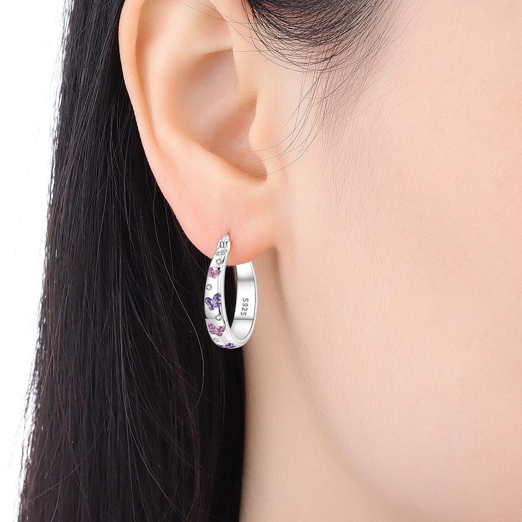 S925 Silver Pink Purple Butterfly Insect Earrings Hoop Earrings Women Jewelry Trendy Anniversary Gifts
