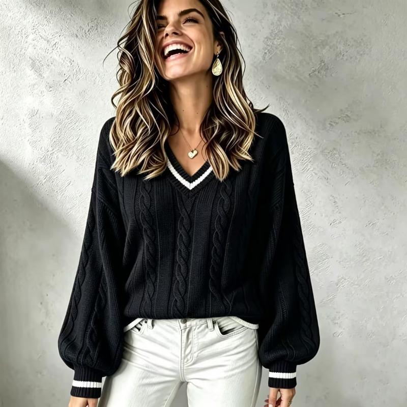 Women Loose V Neck Color Block Cable Knit Long Sleeve Fashion Sweater Top
