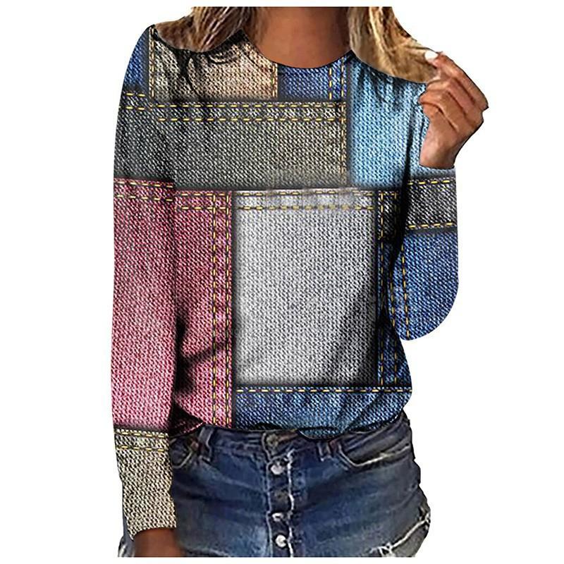 Spring and Autumn Round Neck 3D Retro Ethnic Style Printed Top Fashionable Casual Long Sleeved Women's T-shirts