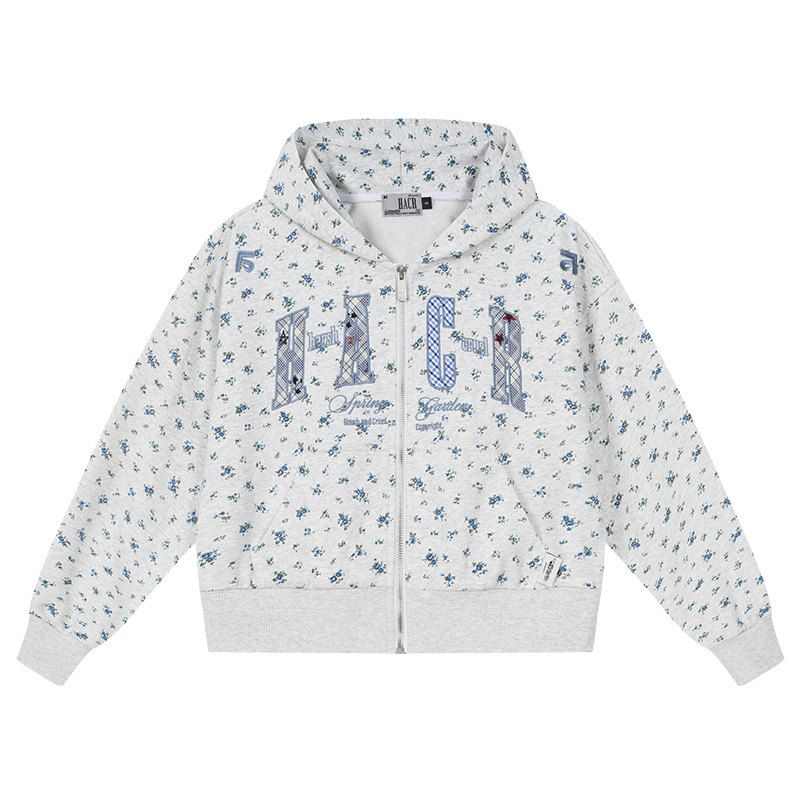 

Hacr Small Floral Embroidered Hooded Cardigan Sweatshirt, Loose-Fitting Spring and Autumn Clothing, Trendy Korean Style Hoodie Gray Blue Flower L