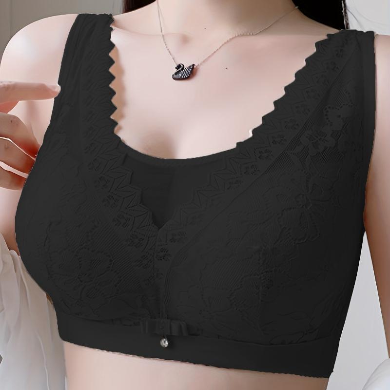 Wireless Lace Push-Up Bra Non-Wired, Large Size, Seamless, Comfortable Side Support, Floral Pattern, Contrast Lace Detail