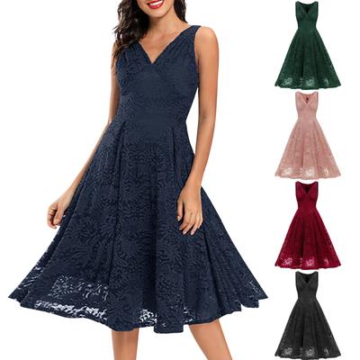 Women's Fashion Vintage V-Neck Short Sleeve Contrast Dovetail Slim Lace Evening Dress