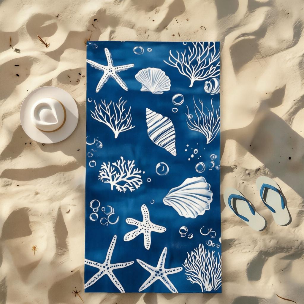 1pc Blue Quick-Dry Beach Towel, Shell Starfish Coral Print, Large Multifunctional Mat for Yoga, Travel, Camping, Swimming