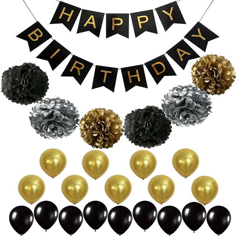 Birthday Party Decoration Set Black Gold Theme Birthday Arrangement Rain Curtain Flag Party Decoration Balloon