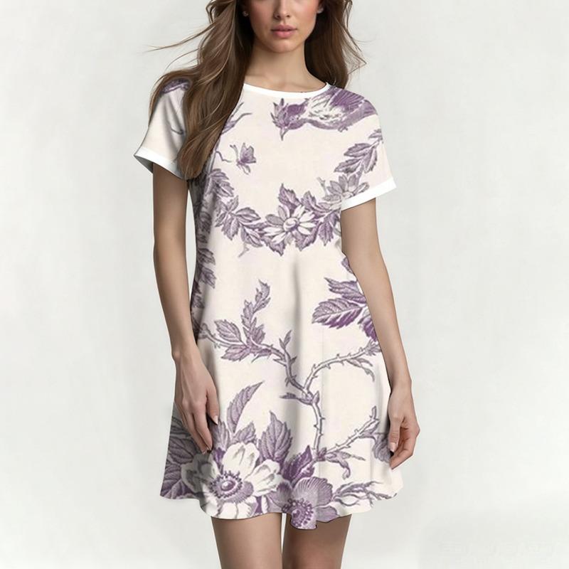 

Summer women s dress, round neck, raglan sleeves, printed pattern, casual, comfortable, stylish, breathable S