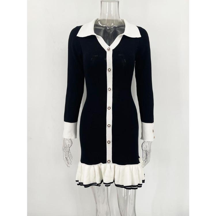KOSY Ruffled Bow Knit Mini Dress Women's Backless Contrast Cardigan Lace-Up Elegant Dress Female Knitwear Bandage Dress