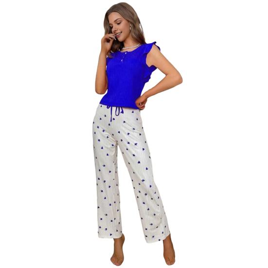 Women's Heart Print Pants Pajama Set Crewneck Ruffle Cap Sleeve And Long Pants 2 Piece Sleepwear Set Soft Lounge Pjs Set