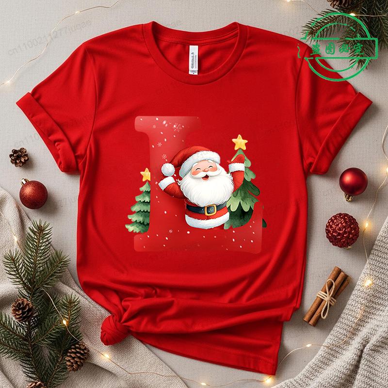 Christmas SantaAlphabet Letter Print T-shirt Short Sleeve Crew Neck Casual Top Kids Festive Holiday Women's Clothing Top