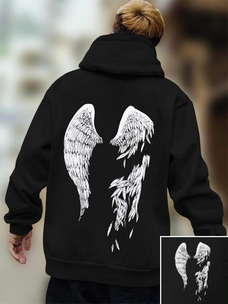 Street Trend Wings Printing Hoodie For Men Pocket Drawstring Pullovers Loose Fleece Warm Sweatshirts Autumn Comfortable Clothes