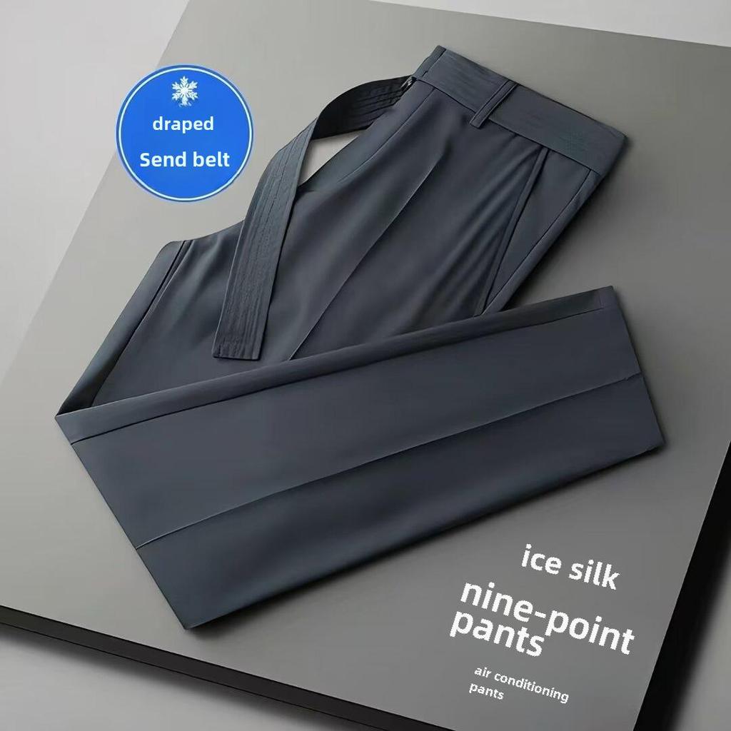 Men's Summer Ice Silk Straight Suit Trousers with Belt - Trendy and Mature Nine-Point Casual Pants