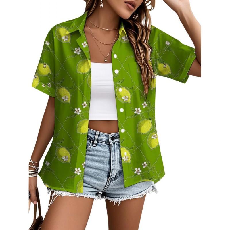 Womens Loose Fit Short Sleeve Printed Shirt Casual Vacation Style Collared Open Front Top