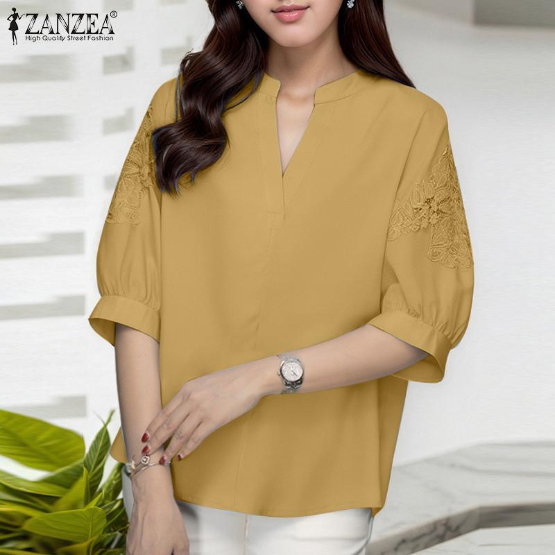 ZANZEA Bluză casual de damă cu gât în V, cu broderie patchwork și mâneci scurte