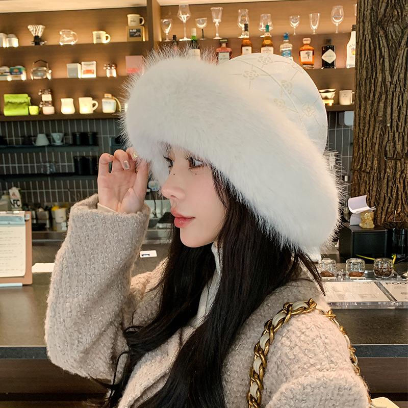 Women Fur Trimmed Bucket Hat Girls 90s Winter Warm Thicken Plush Fisherman Cap Basin Hats Fuzzy Faux Fur Hat