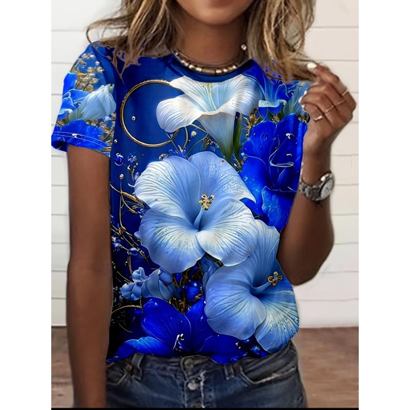 Royal Blue Women s Tee - Elegant Blue Hibiscus & Lily Graphic, Luxe Floral Print Design for Casual Daily Wear 5XL