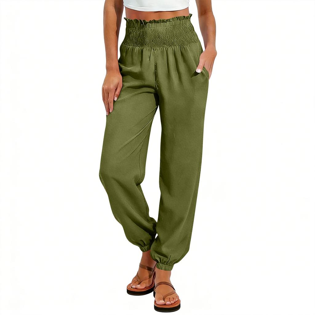 Women's Fashion Color Elastic Waist Pocket Loose Leg Tight Casual Pants