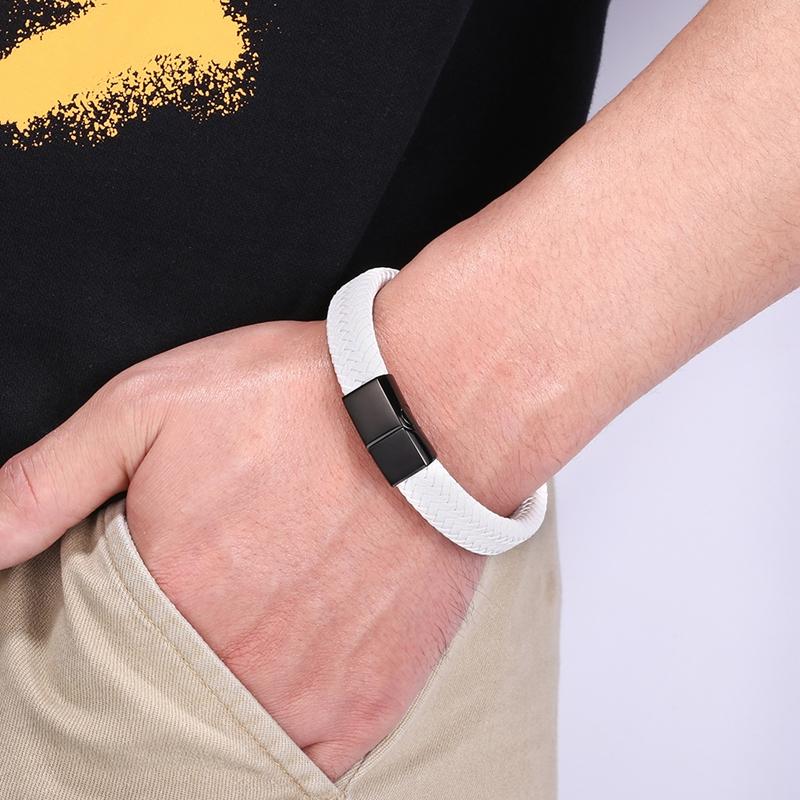 Klassisk Svart Rustfritt Stål Knapp Menn Lærarmbånd Luksus Armbånd Gave