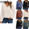 Women's Fashion Casual Solid Color Print Long Sleeve V Neck Blouses & Shirts