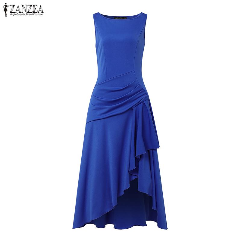 ZANZEA Women Elegant Casual Round Neck Summer Sleeveless Ruffles Dress