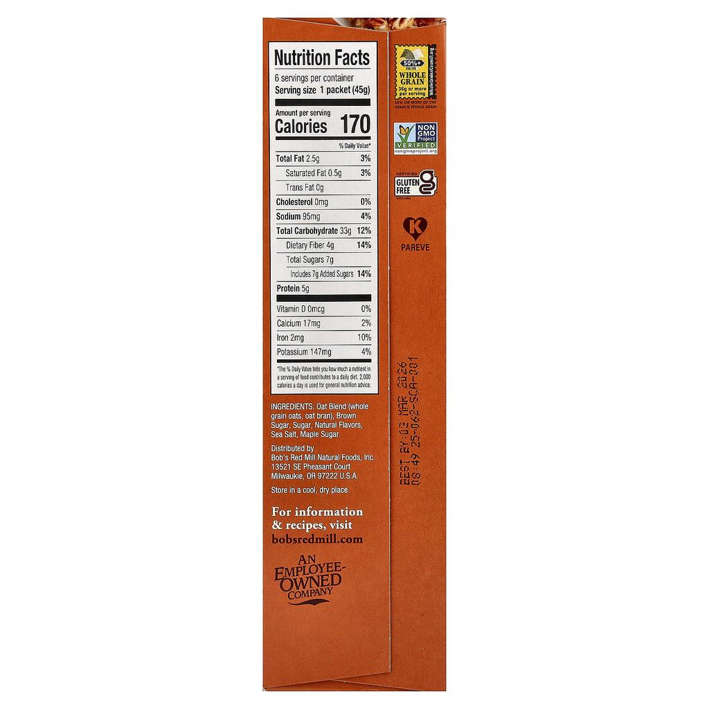 Bob's Red Mill, Instant Oatmeal, Whole Grain, Maple Brown Sugar, 6 Packets, 45g (1.59oz) Per Pack