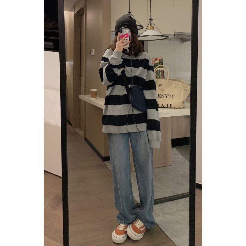 

Cotton retro striped sweater women s new early spring autumn clothing thin loose long-sleeved top M