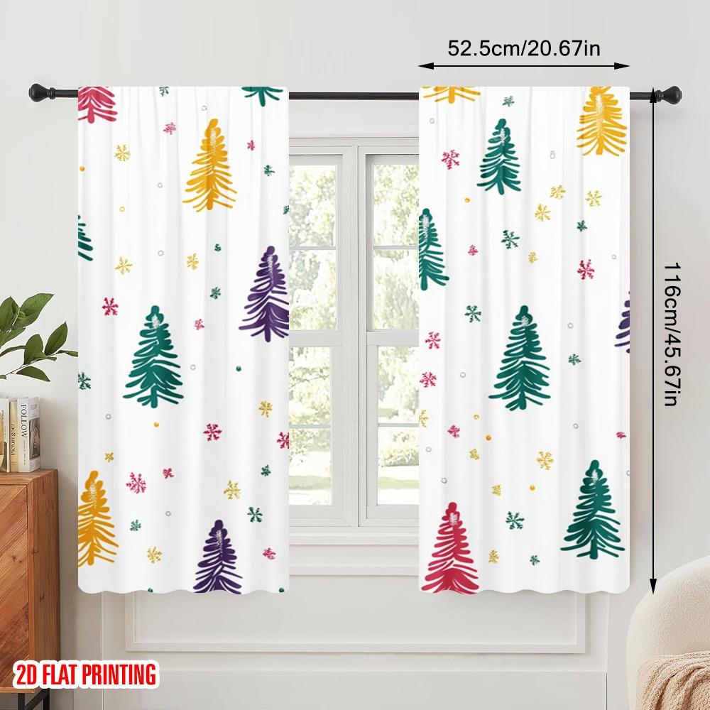 2pcs,2D Plane Printing Curtains Digital Printed Christmas Trees Snowflakes Festive Versatile Polyester Fabric (without Rod)
