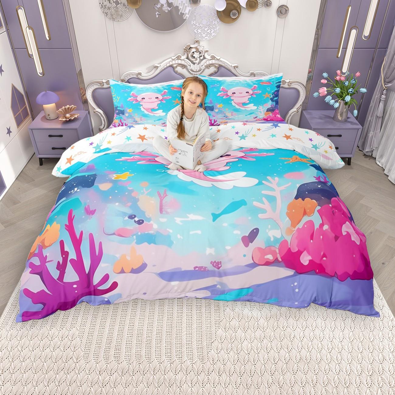 

Comforter Homewish Kawaii Pink Axolotl For Girls Rainbow Galaxy Bed Set Ocean Fish Animal Set Comforter (quilt)-EU Single(135*200cm)3pcs