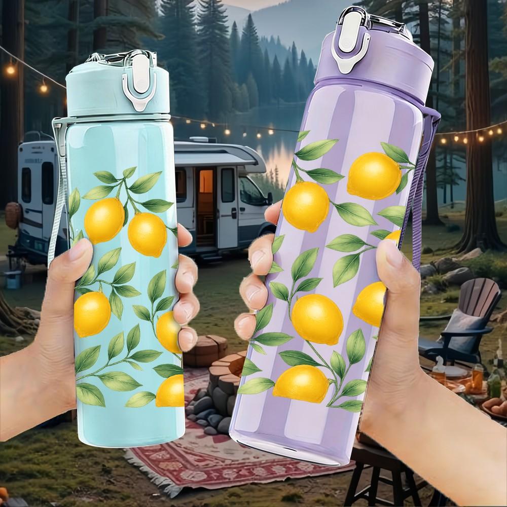 1PC Fresh Yellow Lemon Fruit Pattern Print 750ml Color Plastic Sports Water Bottle Leakproof Flip Straw Lid Suitable for Sports Office Home Use