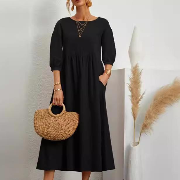 Women Solid Color Cotton Linen Midi Dress Round Neck 3/4 Puff Sleeve Loose Casual Sundress With Pockets Summer Vacation Beach Dress