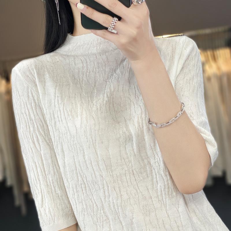 Women Knit T-shirt Summer Knitted Shirt Short Sleeve Tees Spring Pullover Knit Tops