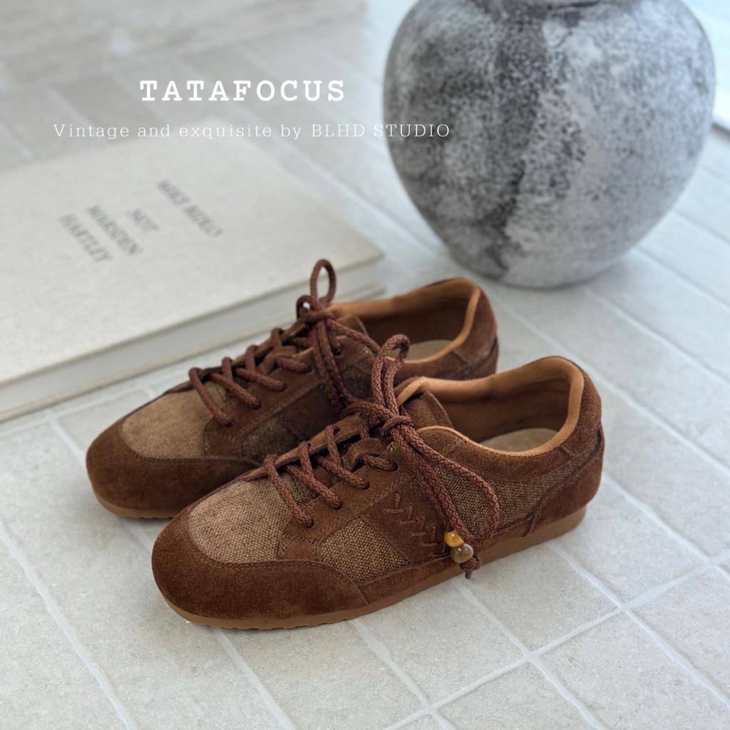 2025 autumn new retro anti-velvet cowhide splicing cotton and linen small German training versatile comfortable casual fashion women's shoes