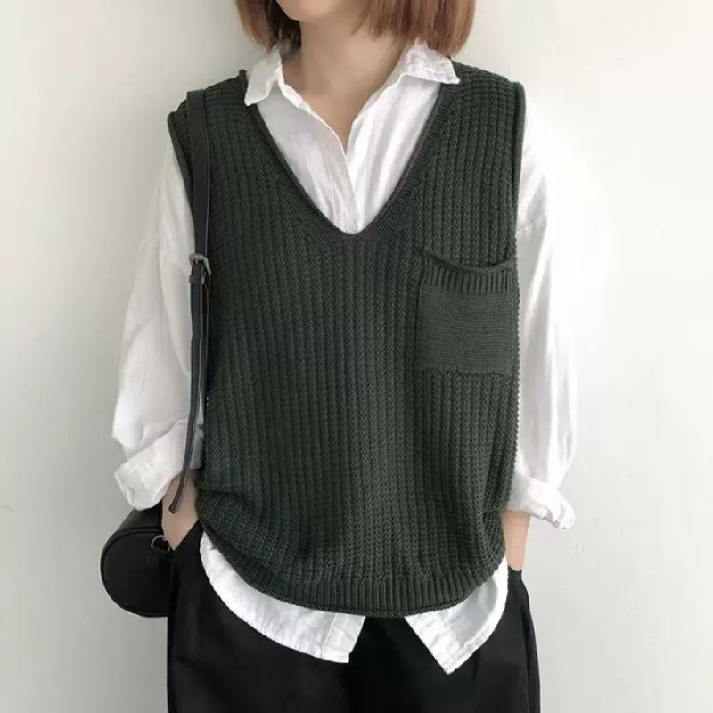 Spring and Autumn Women's Solid Color V-neck Artistic Knitted Vest Plus Size Sweater Vest