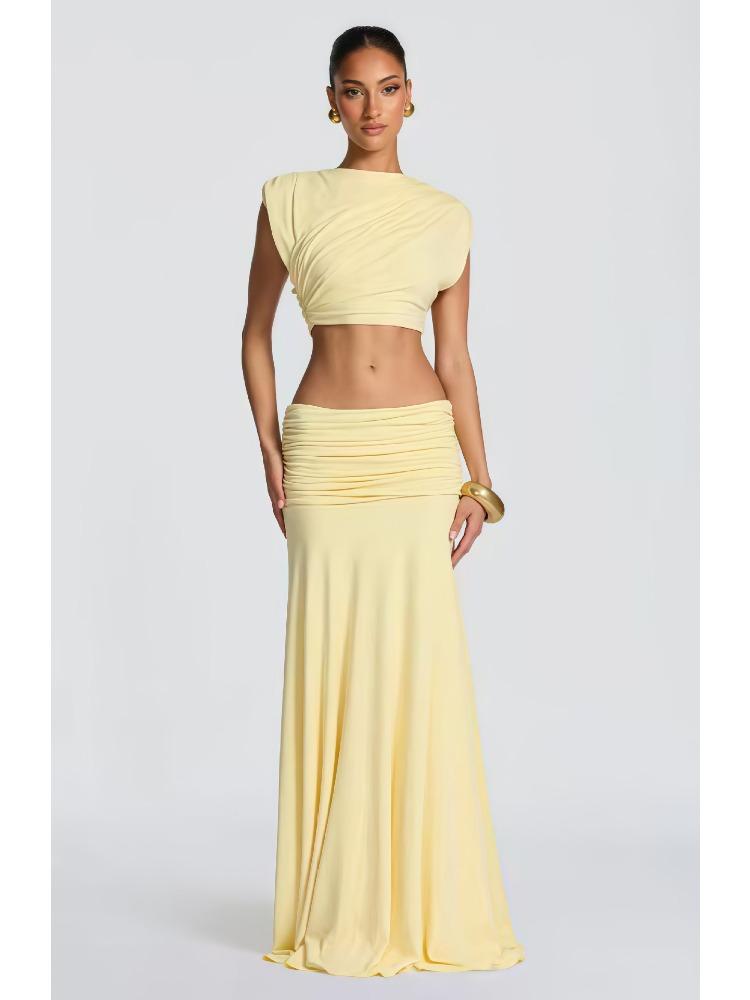 Γυναικείο Σετ Μπλούζα Crop Off-Shoulder και Μακριά Φούστα με Πτυχώσεις Ψηλόμεση Πολλά Χρώματα