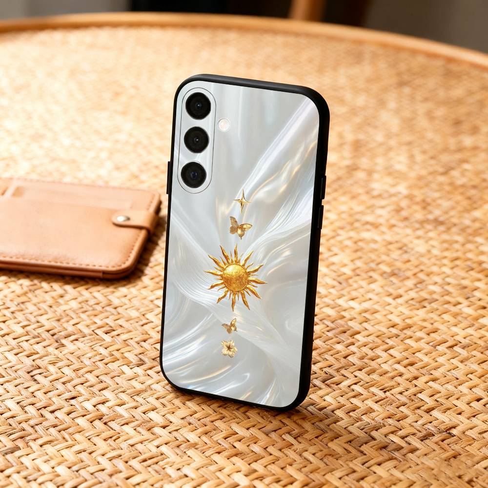 Gilded Sun and Moon Phone Case For Samsung A73,72,71,A52,51,40,41,A22,A32,31,A13, Soft Black Shell