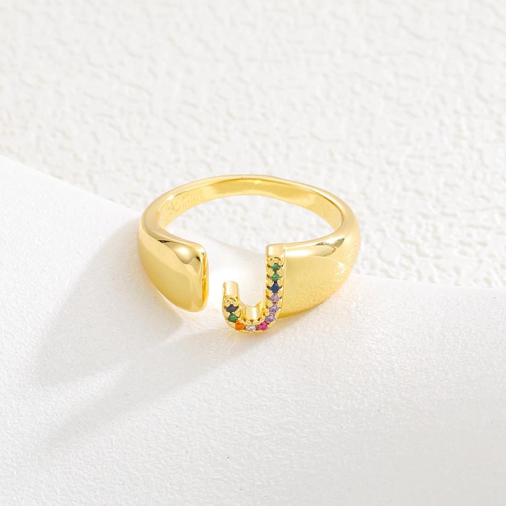 Fashionable Colorful Zircon Alphabet Adjustable Retro Ring