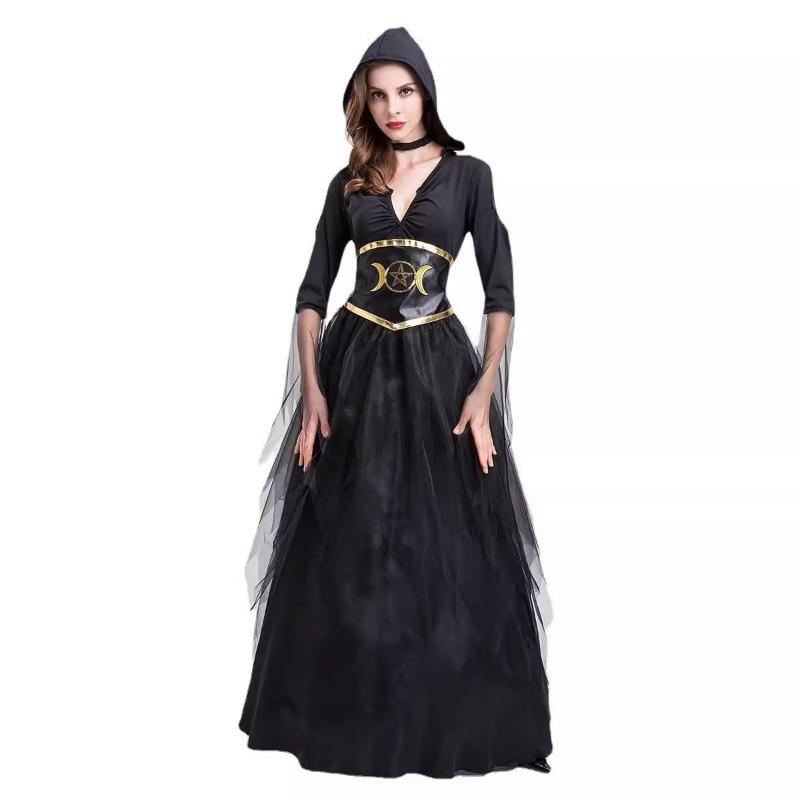 Halloween Adult Female Black V-neck Dress Vampire Ghost Reaper Witch Vampire Witch Costume
