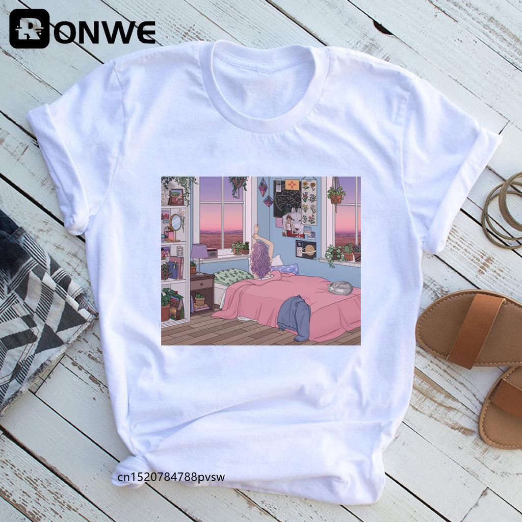 Women Aesthetic Room Drawing Black Graphic T Shirt Girl Harajuku 90S Clothes Female Top Tee Drop