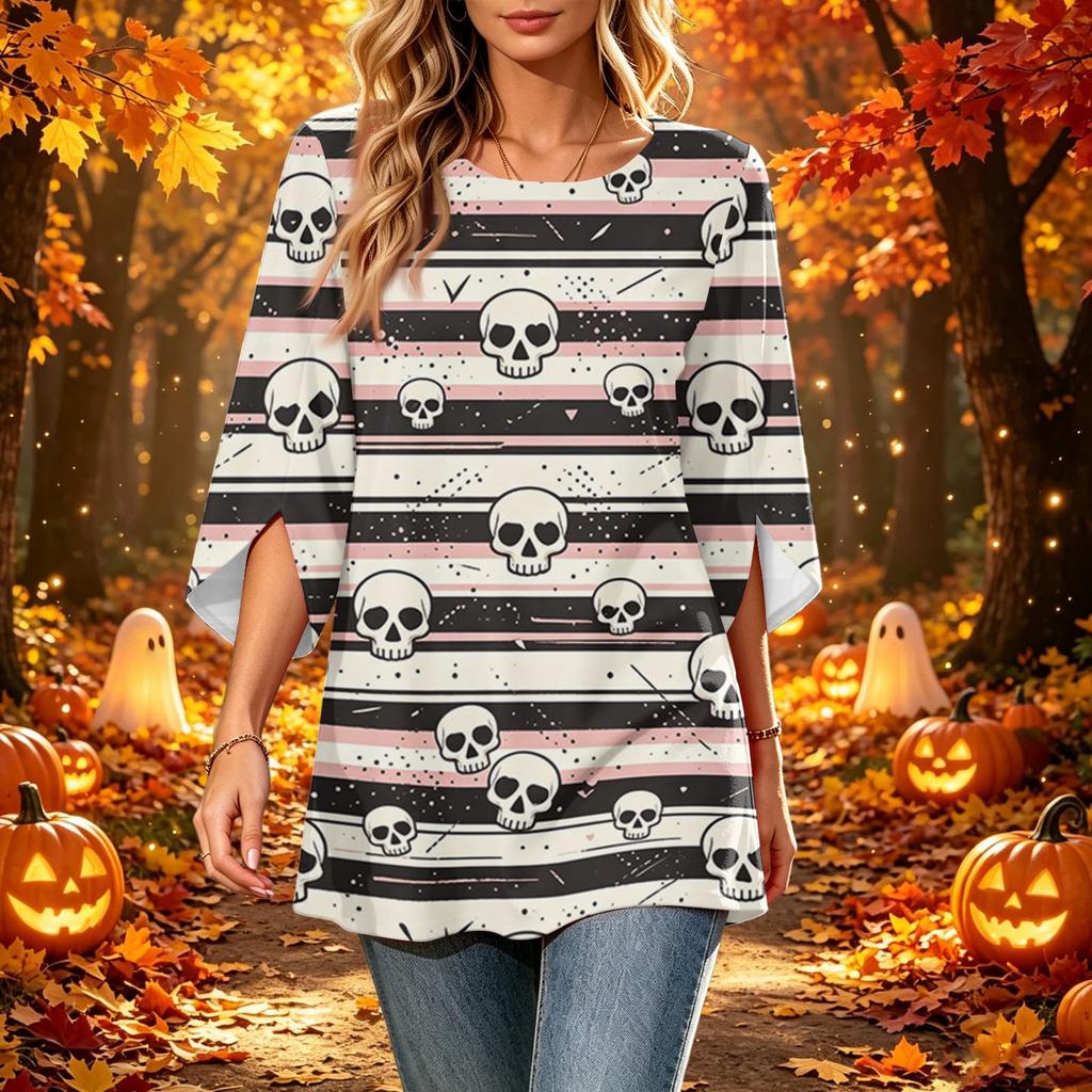Women's Halloween Print Casual Top, Round Neck, Three-Quarter Sleeve, Loose Fit