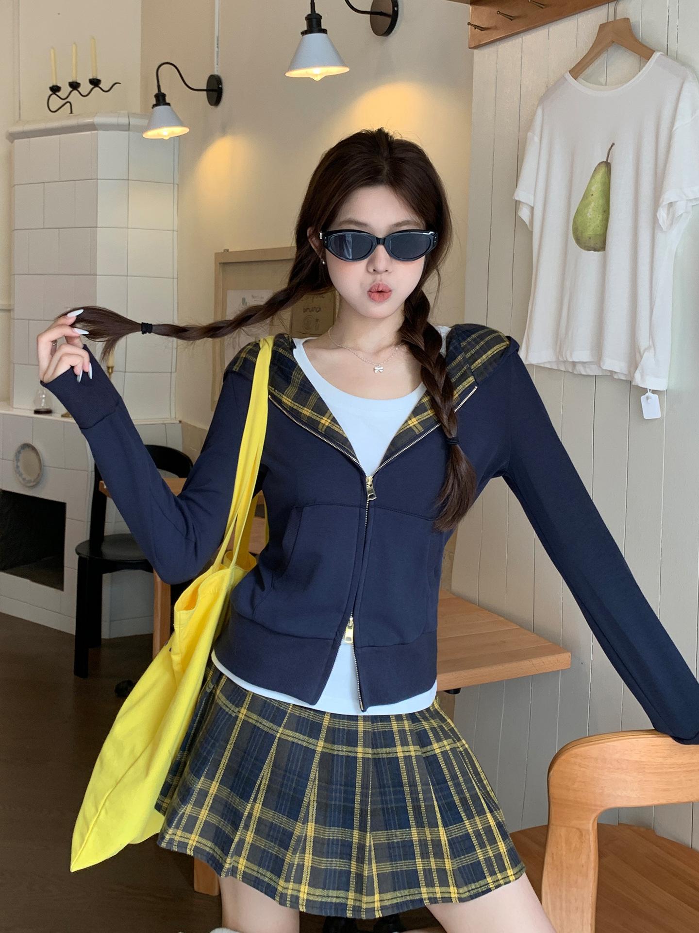 navy blue age-reducing splicing contrasting color hooded jacket women s autumn new pocket beautiful bottoming shirt top S темно-синий 3170₽