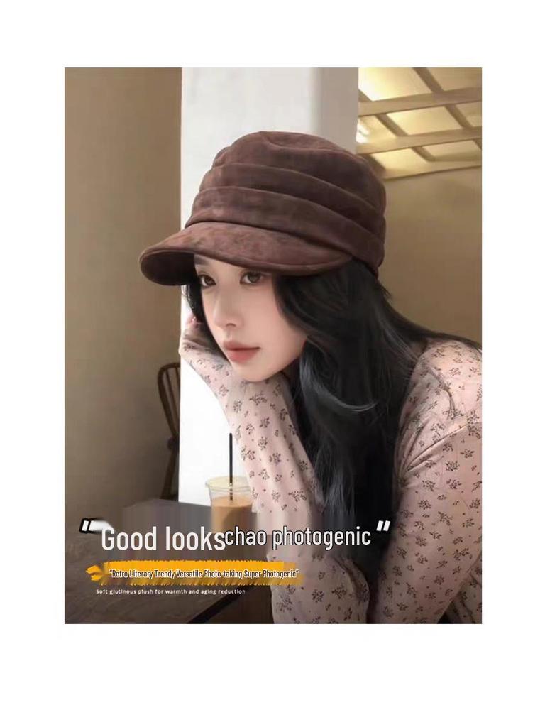 Korean Hot Style Suede Octagonal Equestrian Cap for Women - Slimming, Versatile Spring/Autumn Duckbill Design