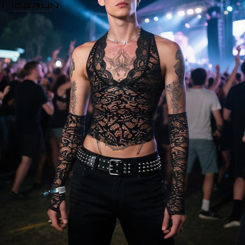 INCERUN Men V Neck Oversleeve Lace See Through Party Club Cropped Tank Tops