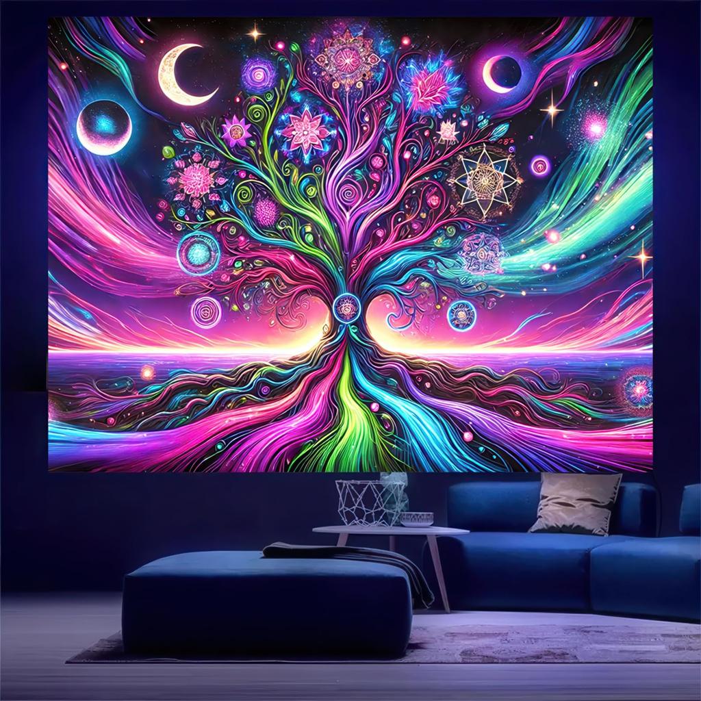 Blacklight Tree of Life Tapestry Psychedelic Space Galaxy Neon Tapestries UV Reactive Tapestry Glow In The Dark Neon Backdrops