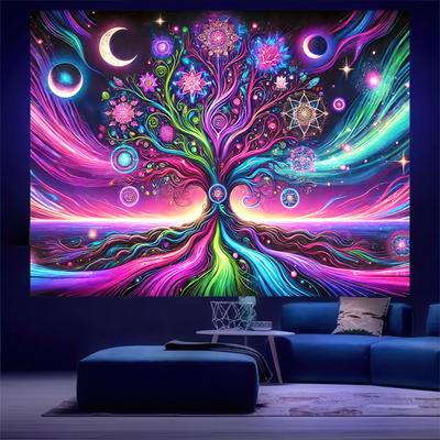 Schwarzlicht Lebensbaum Wandteppich Psychedelischer Weltraum Galaxie Neon Wandteppiche UV-Reaktiver Wandteppich Leuchtet im Dunkeln Neon Hintergrund