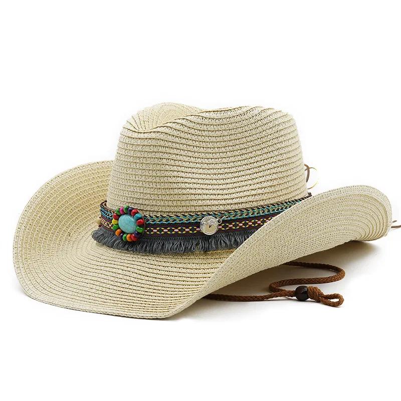 Western Cowboy Straw Hat Wide Brim UV Protection Summer Beach Bohemia Jazz Cap Unisex Breathable Outdoor Holiday Sun Hat
