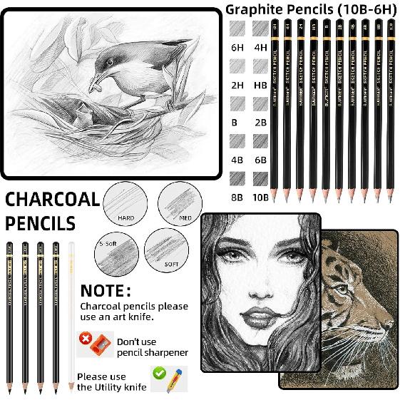 22-Piece Drawing Kit Sketch Pencils Set - Graphite Pencils (6H-10B) Black and White Charcoal Pencil Charcoal Sticks - Drawing Pencil Kit for Artists