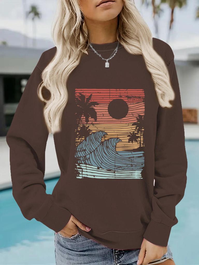 Sea View Print Women's Round Neck Long-Sleeve Hoodie