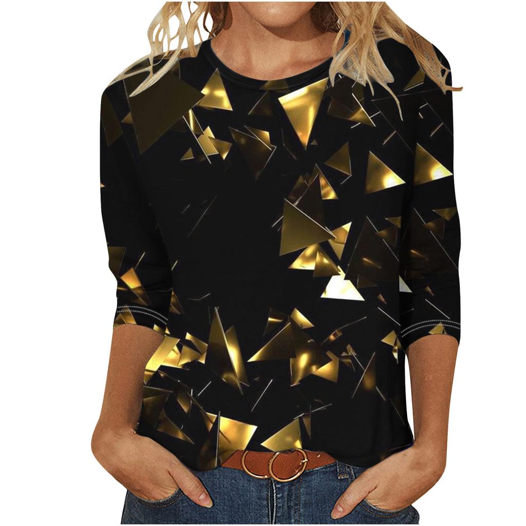 European and American women's round neck long-sleeved T-shirt with sequins 3D printing