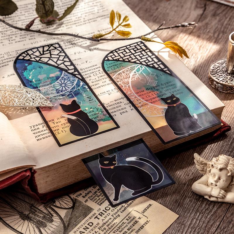 1 Set Heilia Daily Black Cat Bookmark PET Material Literary Style for Journaling Planner Book Clip Decal High Aesthetic