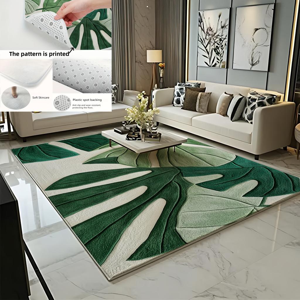 Tropical Green Leaf Print Bath Mat, Soft Flannel Plush Non-Slip Rug, Machine Washable Decor for Bathroom, Kitchen, Living Room